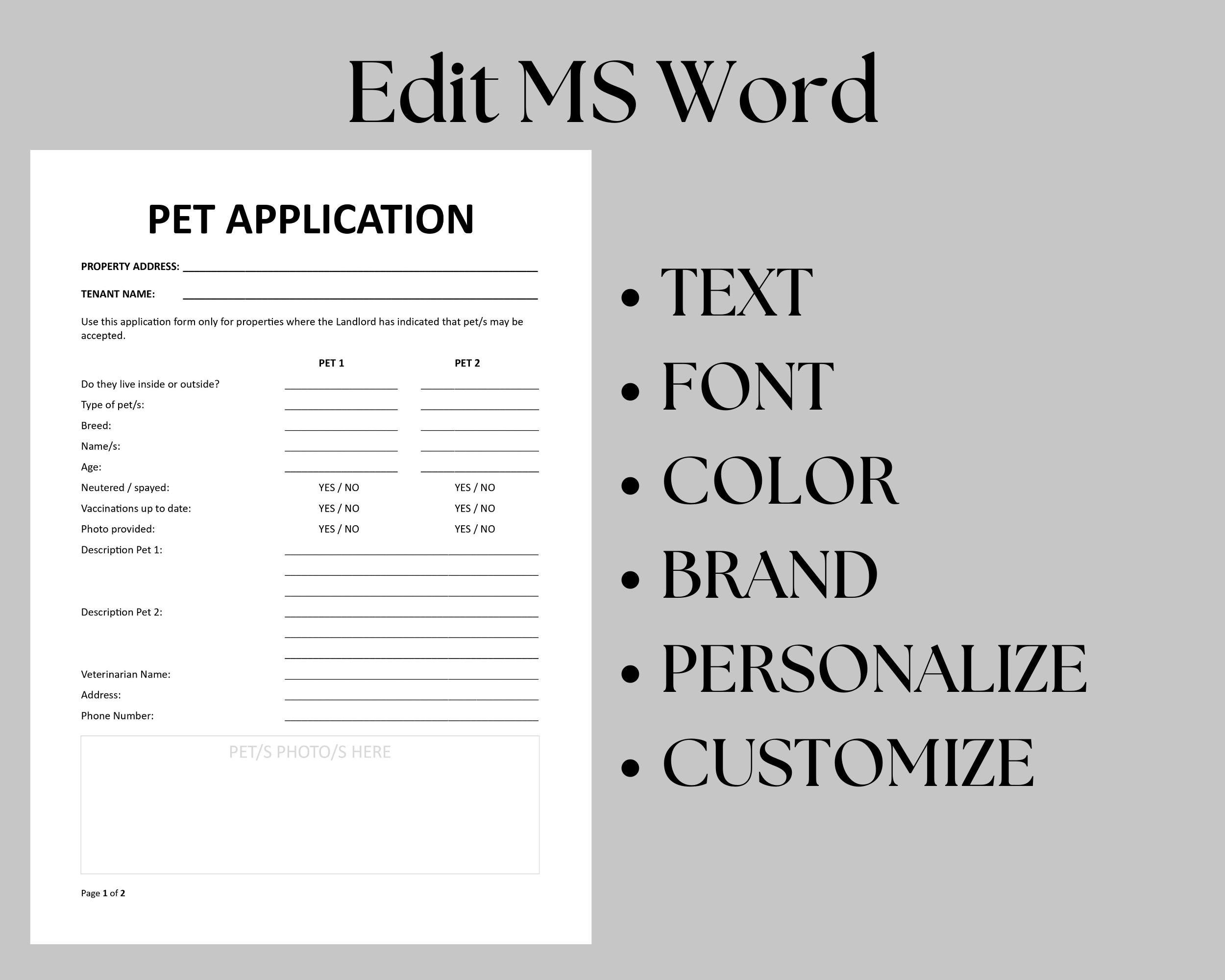 Pet Rental Application & Agreement: Fillable PDF, Editable MS Word - Etsy