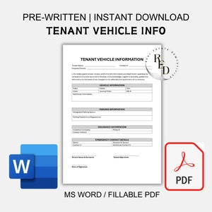 Tenant Vehicle Information | Landlord Vehicle Information | Tenant Parking Info | Editable MS Word Template | Printable Instant Download