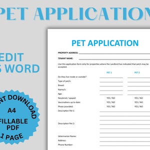 Puede incluir: Un formulario de solicitud de mascota imprimible azul y blanco con el título "Solicitud de mascota" en texto azul negrita. El formulario incluye secciones para la dirección de la propiedad, el nombre del inquilino, la información de la mascota y los detalles del veterinario.