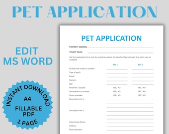 Pet Rental Application - Fillable PDF & Editable in MS Word - Simplify Pet Approval Process for Rental Properties