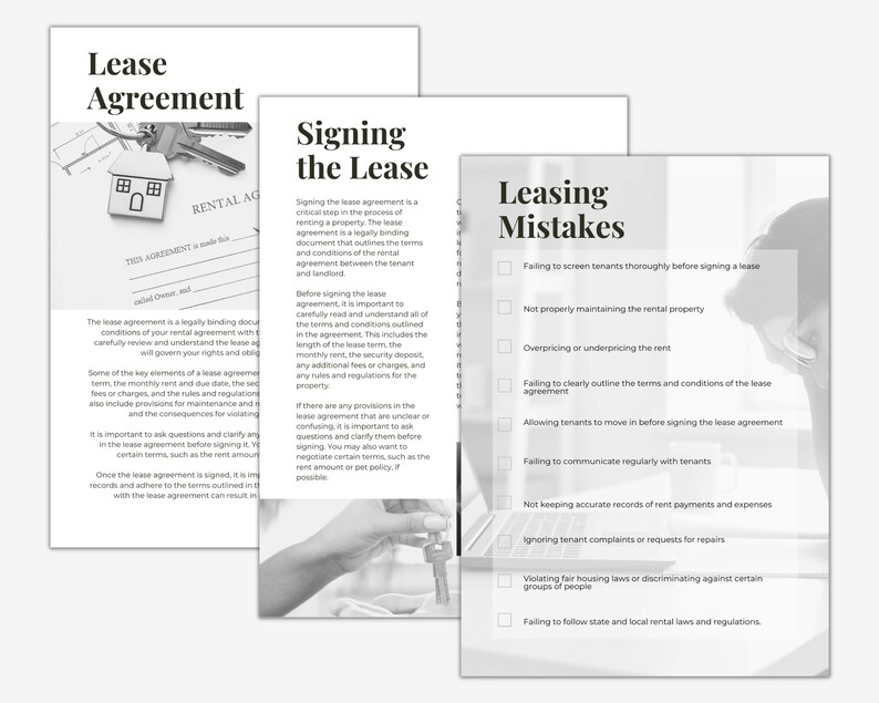 May include: A black and white infographic with the title "Leasing Mistakes" and a checklist of common mistakes landlords make when renting out property. The checklist includes items such as failing to screen tenants thoroughly, not properly maintaining the rental property, and failing to communicate regularly with tenants.