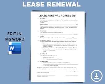 Lease Renewal Agreement | Landlord and Tenant Agreement | Extend Lease Period | Tenancy Agreement | Landlord Rental Agreement Form