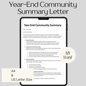 May include: A digital document titled "Year-End Community Summary Letter" displayed on a tablet. The document is formatted for A4 and US Letter sizes and created in MS Word. The text includes an executive summary and financial overview.