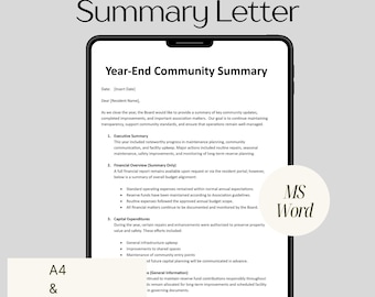 HOA Year-End Community Summary Letter – Annual Report Template – Editable MS Word