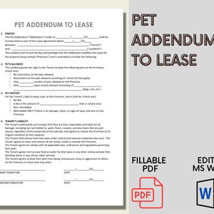 Anexo sobre mascotas al contrato de arrendamiento / Restricción de mascotas para inquilinos / Plantilla editable de MS Word / Descarga instantánea imprimible / Administración de propiedades para mascotas