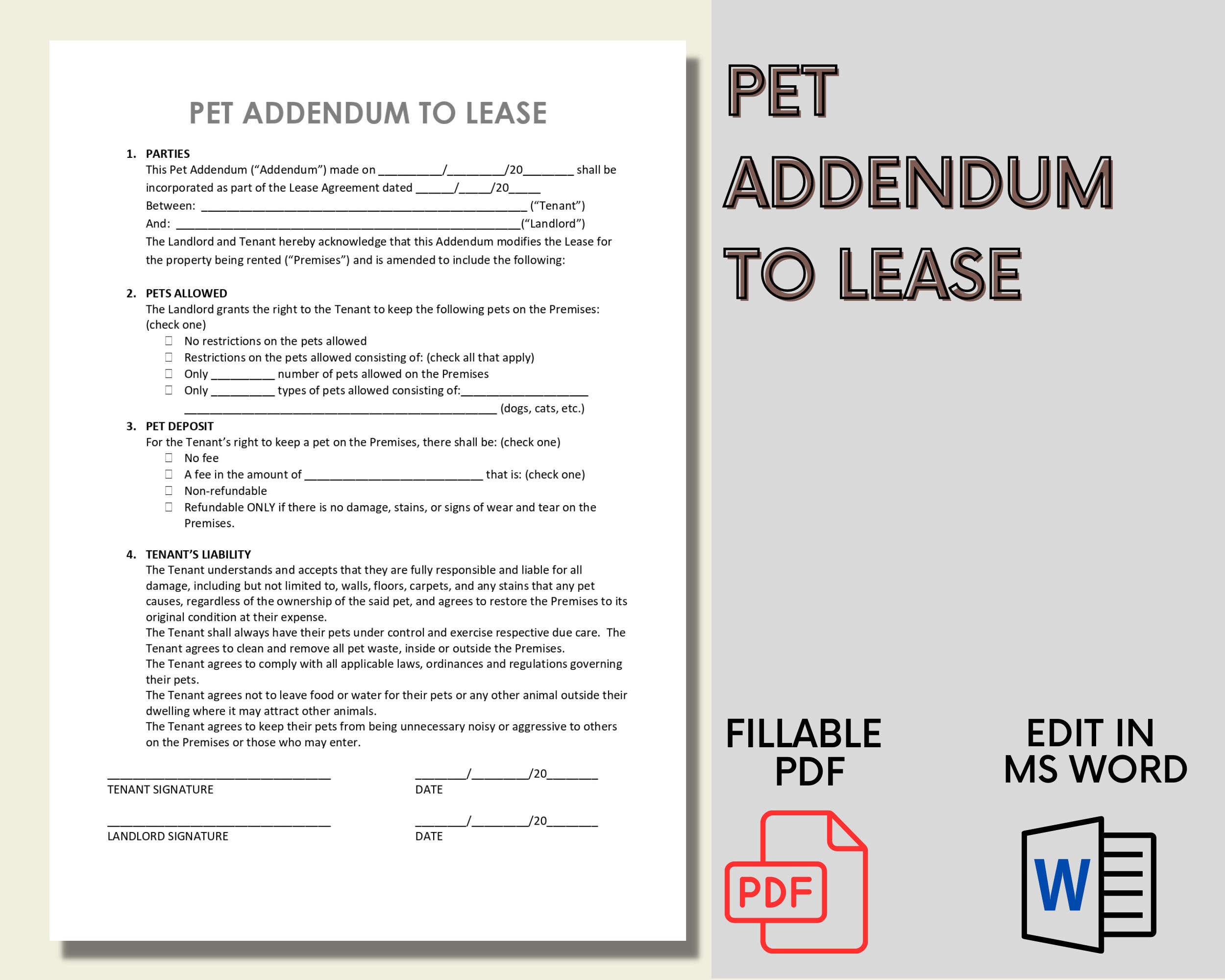 Pet Addendum To Lease Agreement Tenant Pet Restriction Editable MS