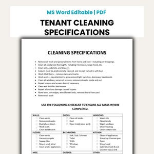 May include: A white document titled "TENANT CLEANING SPECIFICATIONS" with a checklist for cleaning tasks. The document includes sections for walls, doors, windows, floors, bathrooms, and kitchen areas. The document is in PDF format.