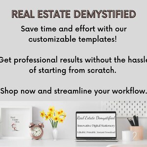 Puede incluir: La pantalla de una computadora port&aacute;til muestra un producto de papeler&iacute;a digital para profesionales inmobiliarios. El texto en la pantalla dice "Real Estate Demystified Innovative Digital Stationery Editable Printable Instant Download". La computadora port&aacute;til est&aacute; sobre un escritorio blanco con un reloj despertador blanco, un jarr&oacute;n de narcisos amarillos y una impresi&oacute;n enmarcada de un zapato de mujer con el texto "Real Estate Diva".