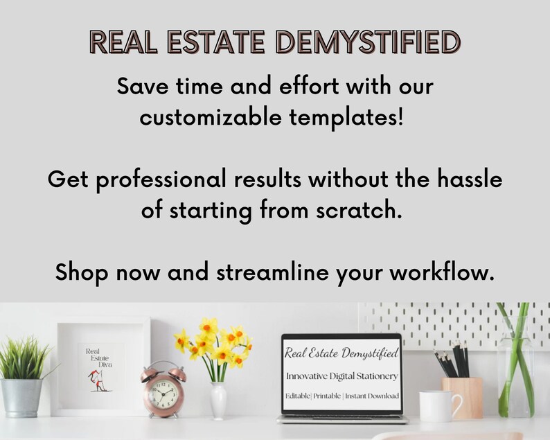 Puede incluir: La pantalla de una computadora port&aacute;til muestra un producto de papeler&iacute;a digital para profesionales inmobiliarios. El texto en la pantalla dice "Real Estate Demystified Innovative Digital Stationery Editable Printable Instant Download". La computadora port&aacute;til est&aacute; sobre un escritorio blanco con un reloj despertador blanco, un jarr&oacute;n de narcisos amarillos y una impresi&oacute;n enmarcada de un zapato de mujer con el texto "Real Estate Diva".