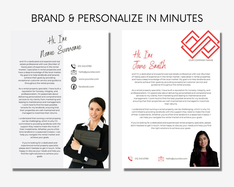 May include: A red and white business card with a red logo of two overlapping squares. The text "Hi, I'm Jane Smith" is in black text. The text "OUR COMPANY NAME" is in black text. The card includes contact information with a phone number, email address, and website address.