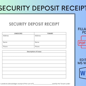 Security Deposit Receipt | Tenant Receipt | Deposit Payment Receipt | MS Word Editable | Property Management Receipt | Receipt Checklist