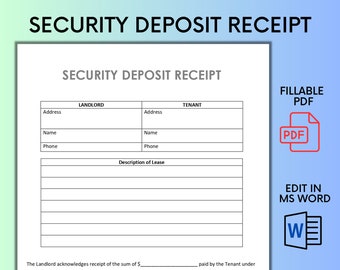 Security Deposit Receipt, Landlord Property Management Template (Editable DOCX, Fillable PDF)
