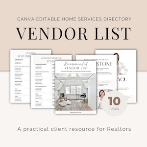 Puede incluir: Una plantilla digital de Canva para un directorio de servicios para el hogar, titulada "VENDOR LIST". El diseño incluye varias páginas con títulos como "Moving & Settlement" y "Home Preparation & Styling". El directorio es un recurso práctico para clientes de agentes inmobiliarios, con 10 páginas.