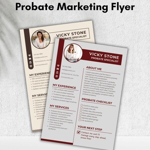 Puede incluir: Dos folletos para una especialista en sucesiones, Vicky Stone. Los folletos tienen una foto de una mujer, información de contacto y listas de experiencia y servicios. El texto incluye "Probate Marketing Flyer" y "¡Contáctame y gestionaré cada paso, sin estrés!"