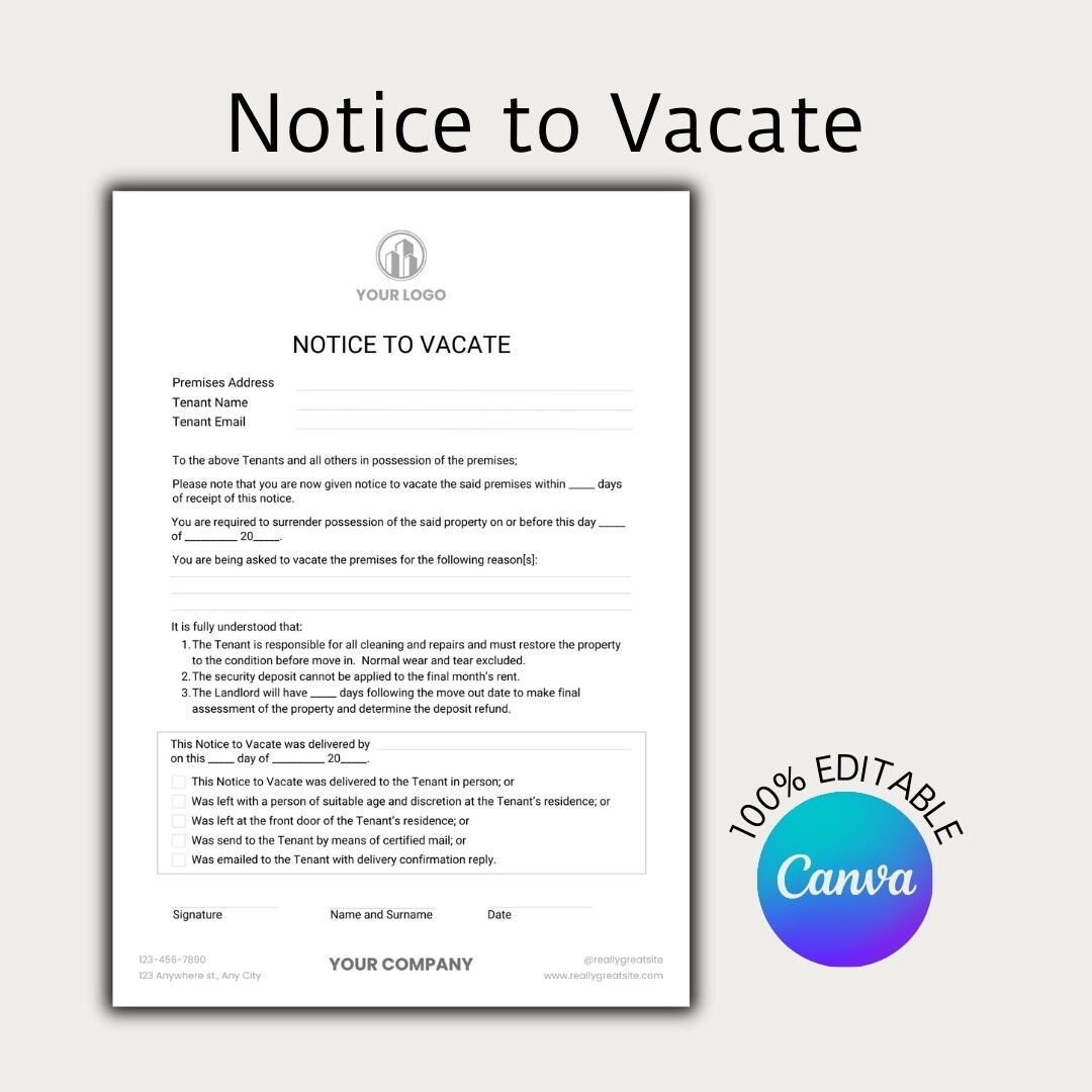 Landlord Notice to Vacate to Tenant | Eviction Notice | Editable Canva ...