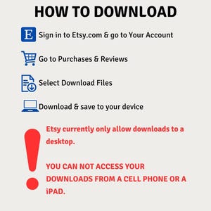 Puede incluir: Un signo de exclamaci&oacute;n rojo con un contorno blanco, con texto que dice "Etsy actualmente solo permite descargas a un escritorio. NO PUEDES ACCEDER A TUS DESCARGAS DESDE UN TEL&Eacute;FONO M&Oacute;VIL O UNA TABLETTE."
