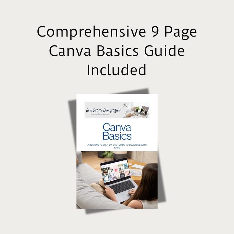 Puede incluir: Una gu&iacute;a de 9 p&aacute;ginas titulada "Canva Basics" de Real Estate Demystified. La gu&iacute;a es una gu&iacute;a paso a paso para principiantes para dise&ntilde;ar con facilidad. La imagen de portada muestra a una persona usando una computadora port&aacute;til con Canva abierto.