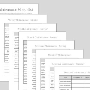 Puede incluir: Una lista de verificaci&oacute;n imprimible para tareas de mantenimiento del hogar. La lista de verificaci&oacute;n est&aacute; dividida en secciones para el mantenimiento semanal, mensual, estacional y trimestral. Cada secci&oacute;n incluye una lista de tareas que se deben completar, como limpiar las canaletas, inspeccionar los electrodom&eacute;sticos y verificar si hay fugas.