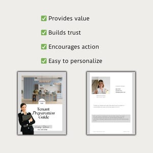 Puede incluir: Una gu&iacute;a titulada "Gu&iacute;a de preparaci&oacute;n para inquilinos" con una foto de una mujer con traje de negocios sosteniendo una carpeta. La gu&iacute;a est&aacute; dise&ntilde;ada para ayudar a los inquilinos a prepararse para mudarse a una nueva propiedad. La gu&iacute;a incluye un logotipo de la empresa, informaci&oacute;n de contacto y una foto de una mujer con traje de negocios.