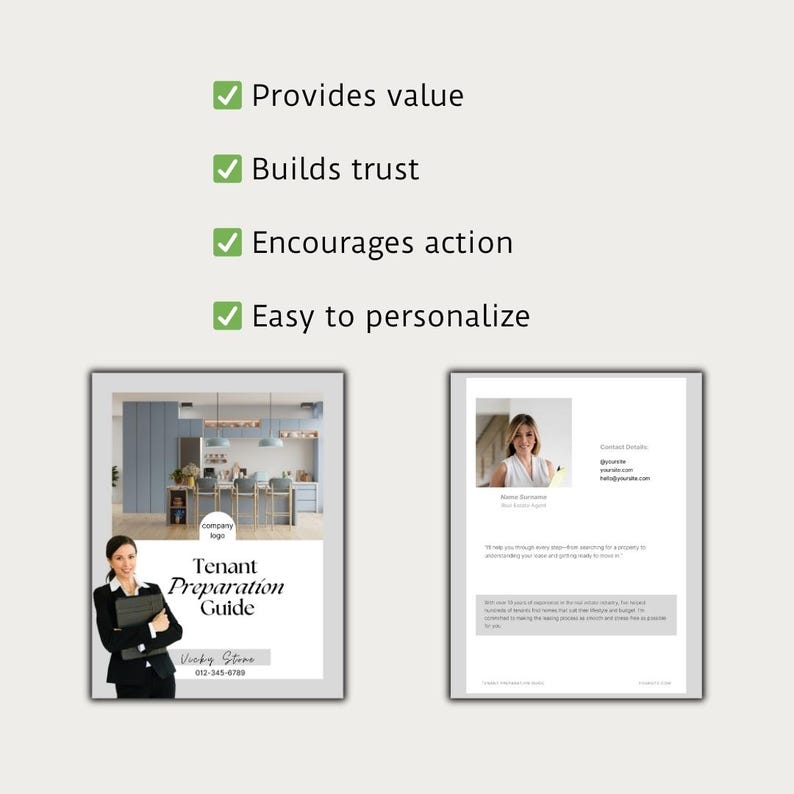 Puede incluir: Una gu&iacute;a titulada "Gu&iacute;a de preparaci&oacute;n para inquilinos" con una foto de una mujer con traje de negocios sosteniendo una carpeta. La gu&iacute;a est&aacute; dise&ntilde;ada para ayudar a los inquilinos a prepararse para mudarse a una nueva propiedad. La gu&iacute;a incluye un logotipo de la empresa, informaci&oacute;n de contacto y una foto de una mujer con traje de negocios.