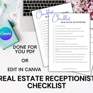 May include: A checklist for real estate receptionists. The checklist includes tasks such as turning on office lights, checking voicemail, responding to urgent messages, and preparing for upcoming meetings or events.