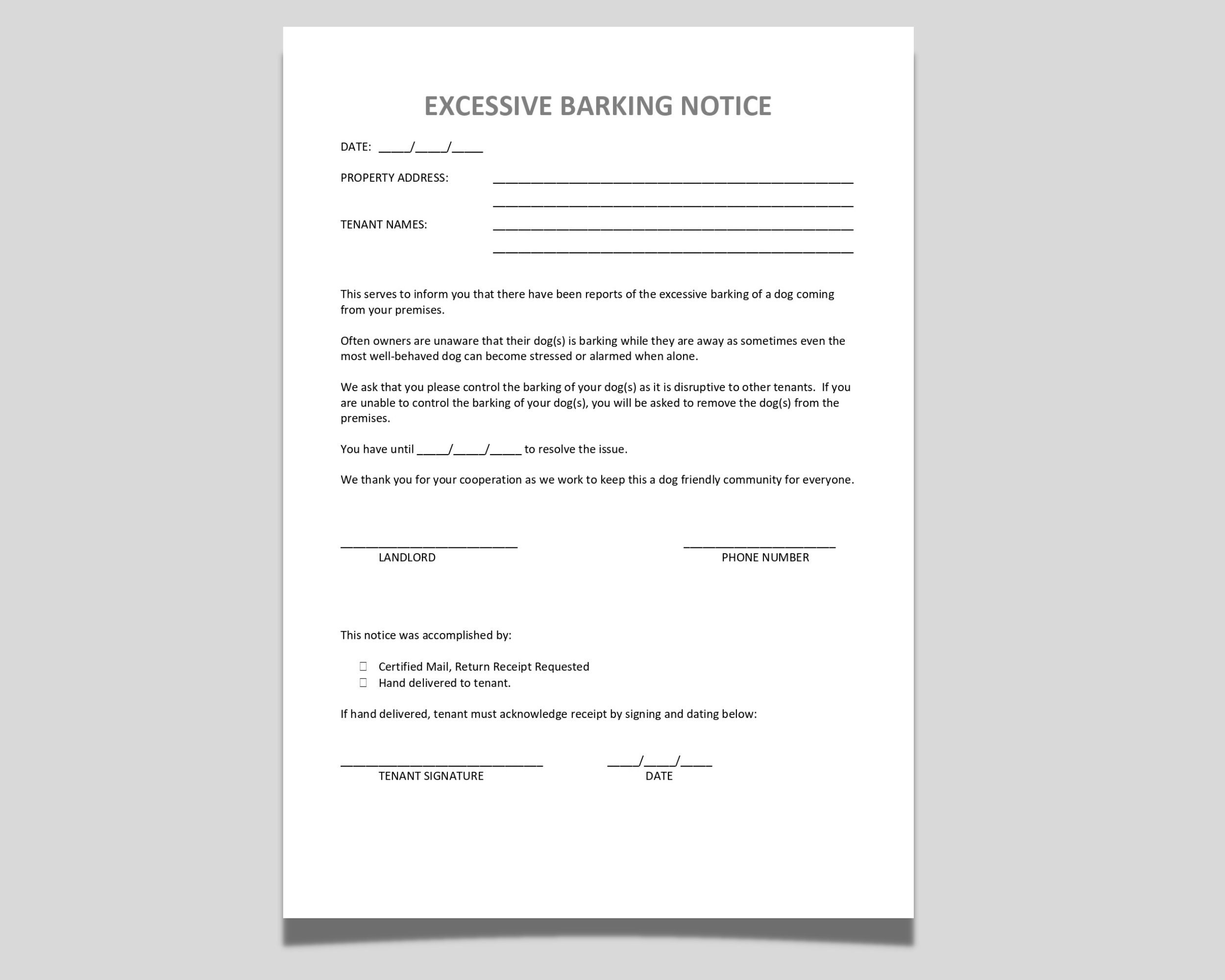 Landlord Notice to Tenant Excessive Barking Notice Editable MS Word