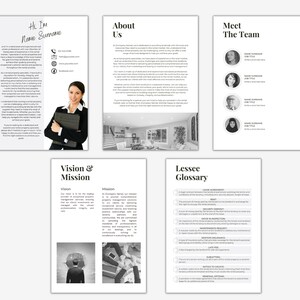 May include: Black and white brochure with the text "Hi I'm Name Surname" and contact information. The brochure also includes sections titled "About Us", "Meet The Team", "Vision & Mission", and "Lessee Glossary".