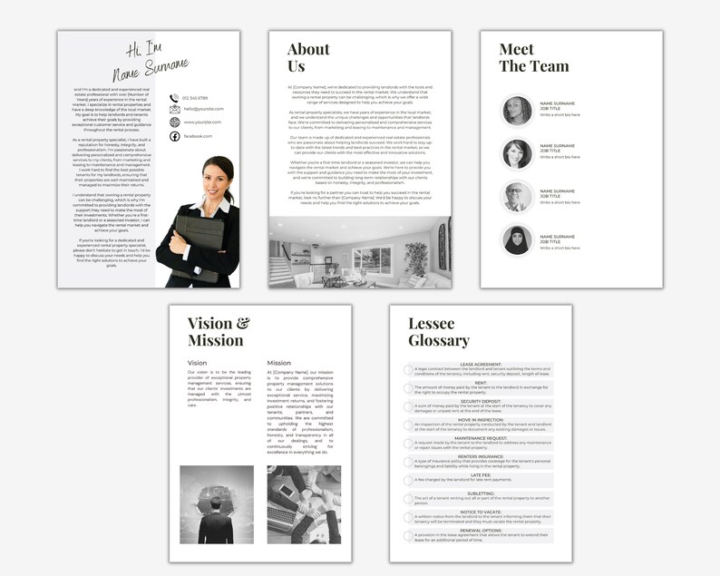 May include: Black and white brochure with the text "Hi I'm Name Surname" and contact information. The brochure also includes sections titled "About Us", "Meet The Team", "Vision & Mission", and "Lessee Glossary".