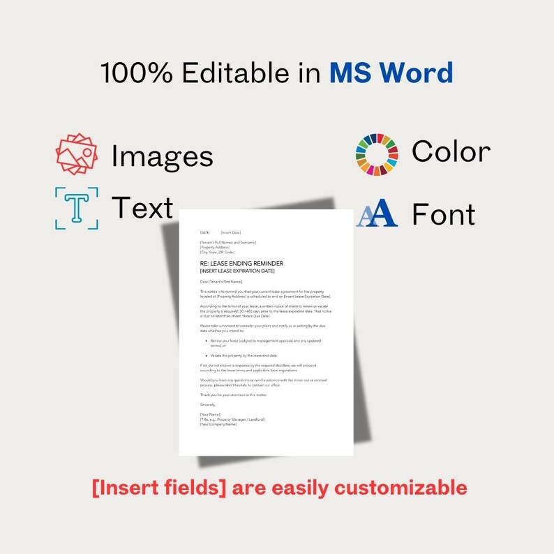 May include: A white document with the text "RE: LEASE ENDING REMINDER" and "100% Editable in MS Word." The document includes icons for images, text, color, and font. The text "[Insert fields] are easily customizable" is also visible.