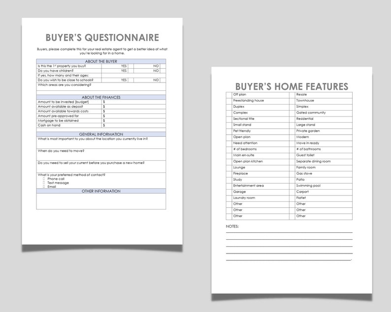 Buyer Questionnaire Buyer Home Features Real Estate Marketing Checklist