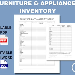 Op de afbeelding: Een printbare inventarislijst voor meubels en apparaten. De checklist is onderverdeeld in secties voor keuken, woonkamer, eetkamer, wasruimte en badkamers. Elke sectie heeft kolommen voor artikel, hoeveelheid, conditie bij aankomst en conditie bij vertrek.
