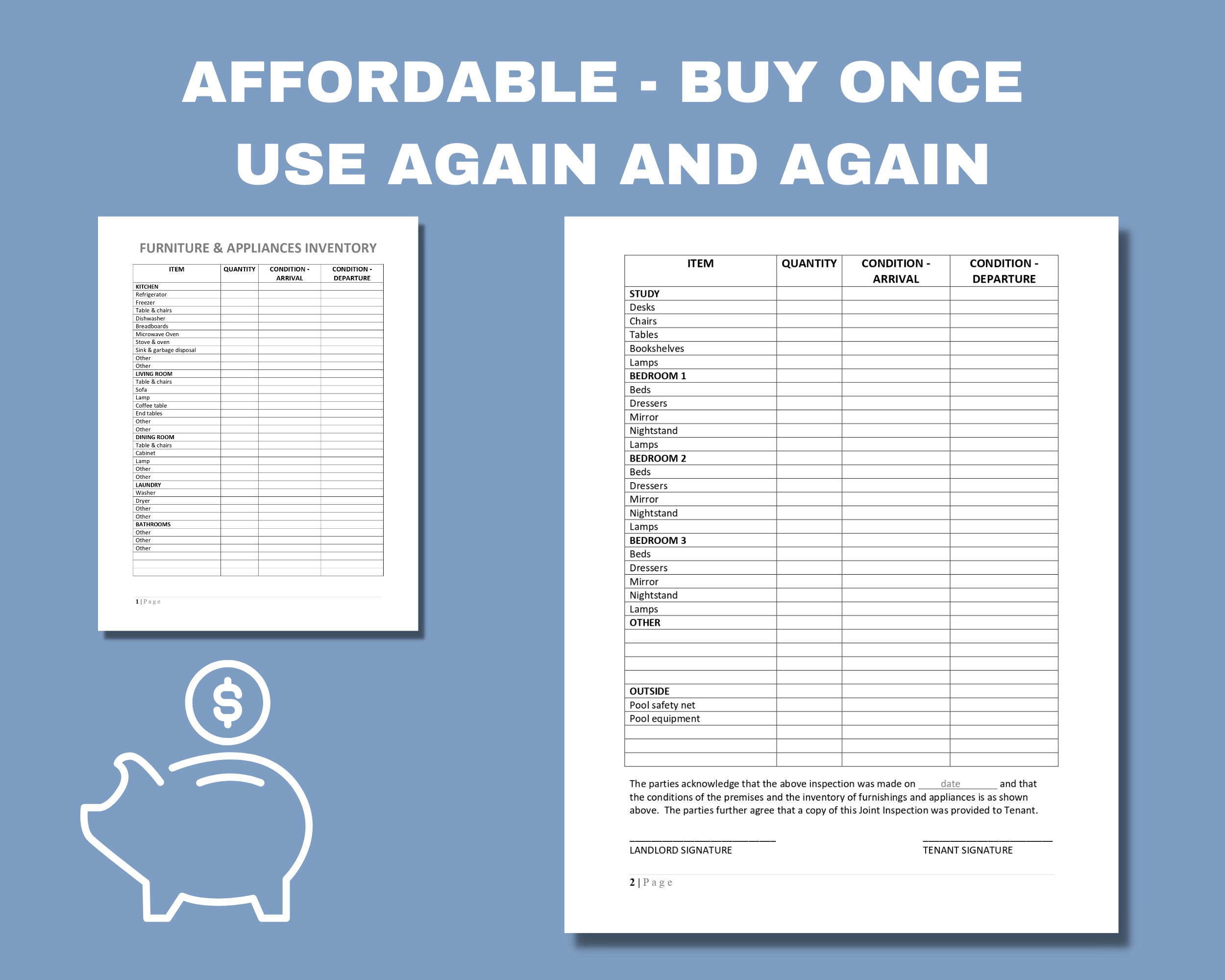Landlord Furniture & Appliances Checklist Inventory Inspection Tenant
