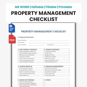 May include: A printable property management checklist with the title "PROPERTY MANAGEMENT CHECKLIST" in bold black letters. The checklist includes sections for property information, pre-tenancy, tenant screening, lease and move-in, ongoing management, move-out, and other.