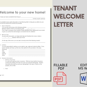 Carta de bienvenida para inquilinos de bienes raíces / Editar en Word / Carta de bienvenida / Información del propietario para inquilino / Información del propietario / Guía para inquilinos / Alquiler