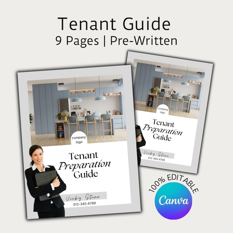 Puede incluir: Una plantilla digital para una gu&iacute;a de preparaci&oacute;n de inquilinos. La gu&iacute;a tiene 9 p&aacute;ginas y est&aacute; preescrita. La plantilla presenta una foto de una cocina moderna con una mujer sosteniendo una carpeta. El texto "Gu&iacute;a de preparaci&oacute;n de inquilinos" est&aacute; escrito en texto negro sobre un fondo blanco. El texto "Vicky Stone" y un n&uacute;mero de tel&eacute;fono tambi&eacute;n est&aacute;n incluidos. La plantilla es 100% editable en Canva.
