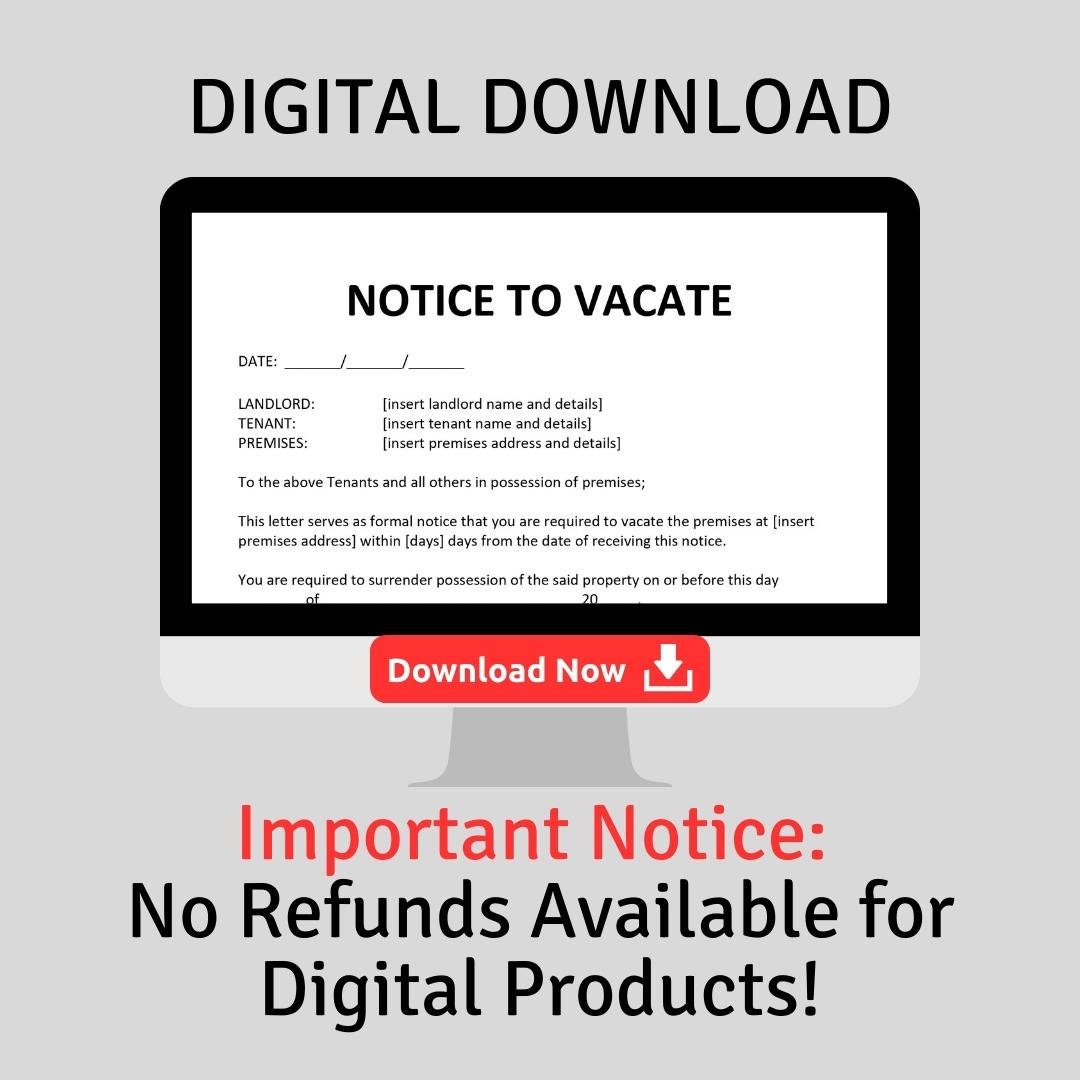 Landlord Notice to Vacate to Tenant Eviction Notice Editable MS Word Template Printable Instant ...