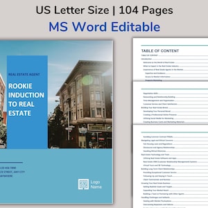 May include: A blue and white cover for a real estate agent's rookie induction guide. The cover features a city street scene with a building that says "Market" on it. The title of the guide is "Rookie Induction to Real Estate". The text "Real Estate Agent" is at the top of the cover. The text "+123 456 7890, 123 Street, Any City, Anywhere" is at the bottom of the cover. The text "Logo Name" is in a square at the bottom right corner of the cover.