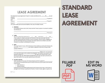 May include: A Standard Lease Agreement document with fillable PDF and editable MS Word options. The document includes sections for premises, term, rent, and security deposit. The title "Standard Lease Agreement" is displayed in large, bold text.