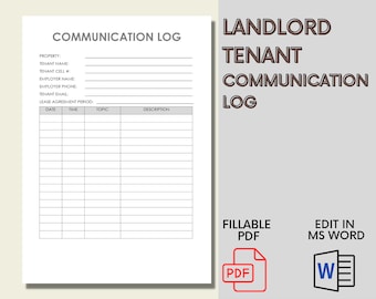 Landlord Tenant Communication Log | Property Management Record (Fillable PDF, MS Word)