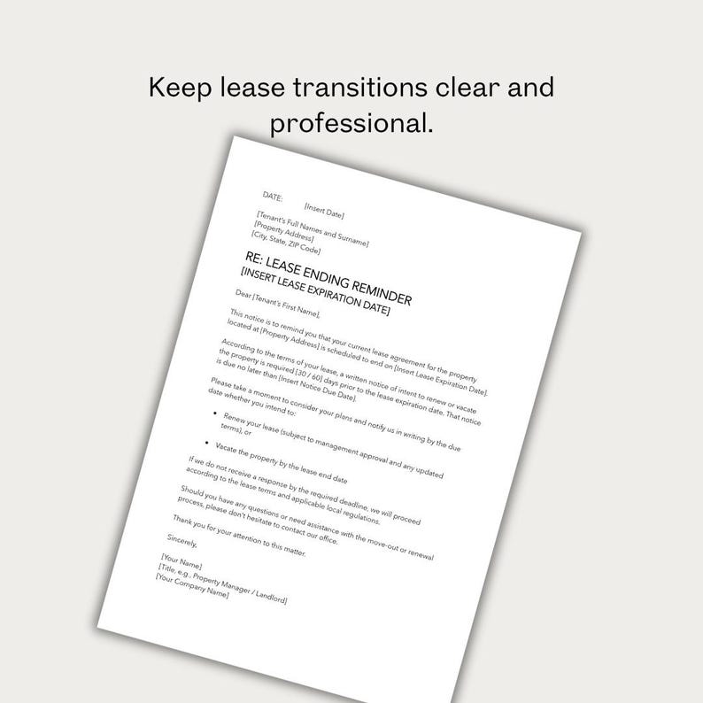 May include: A white document with the text "RE: LEASE ENDING REMINDER" and other details. The document is angled, with the text "Keep lease transitions clear and professional" at the top. The document is for property management.