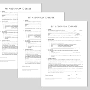 Pu&ograve; includere: Tre documenti di carta bianca intitolati "PET ADDENDUM TO LEASE" sono impilati. I documenti hanno sezioni per le parti, gli animali domestici ammessi, il deposito per animali domestici e la responsabilit&agrave; dell'inquilino. Il testo &egrave; in nero.