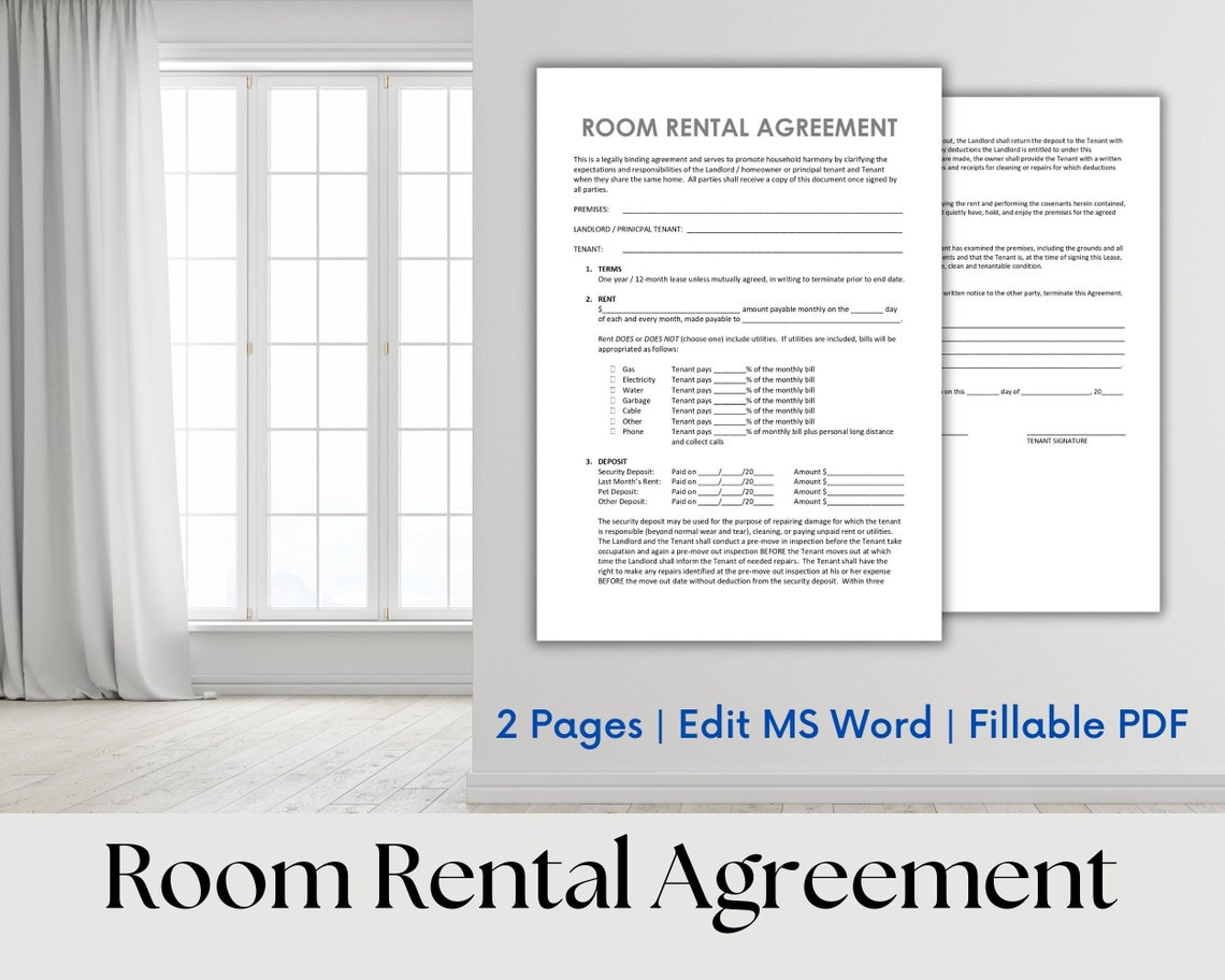 Room Rental Agreement Template: Editable in MS Word and Fillable PDF