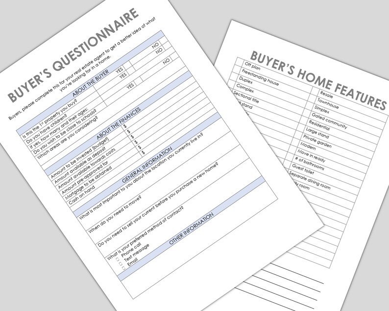 Buyer Questionnaire Buyer Home Features Real Estate Marketing Checklist