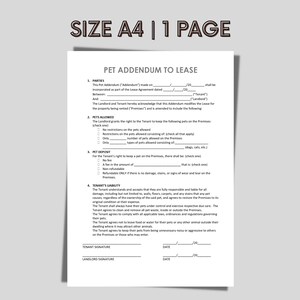 Pu&ograve; includere: Un allegato al contratto di locazione per animali domestici di una pagina bianca, con il testo "SIZE A4 | 1 PAGE" in alto. Il documento include sezioni per le parti, gli animali domestici ammessi, il deposito e la responsabilit&agrave; dell'inquilino.