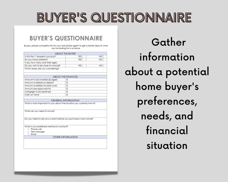 Buyer Questionnaire Buyer Home Features Real Estate Marketing Checklist