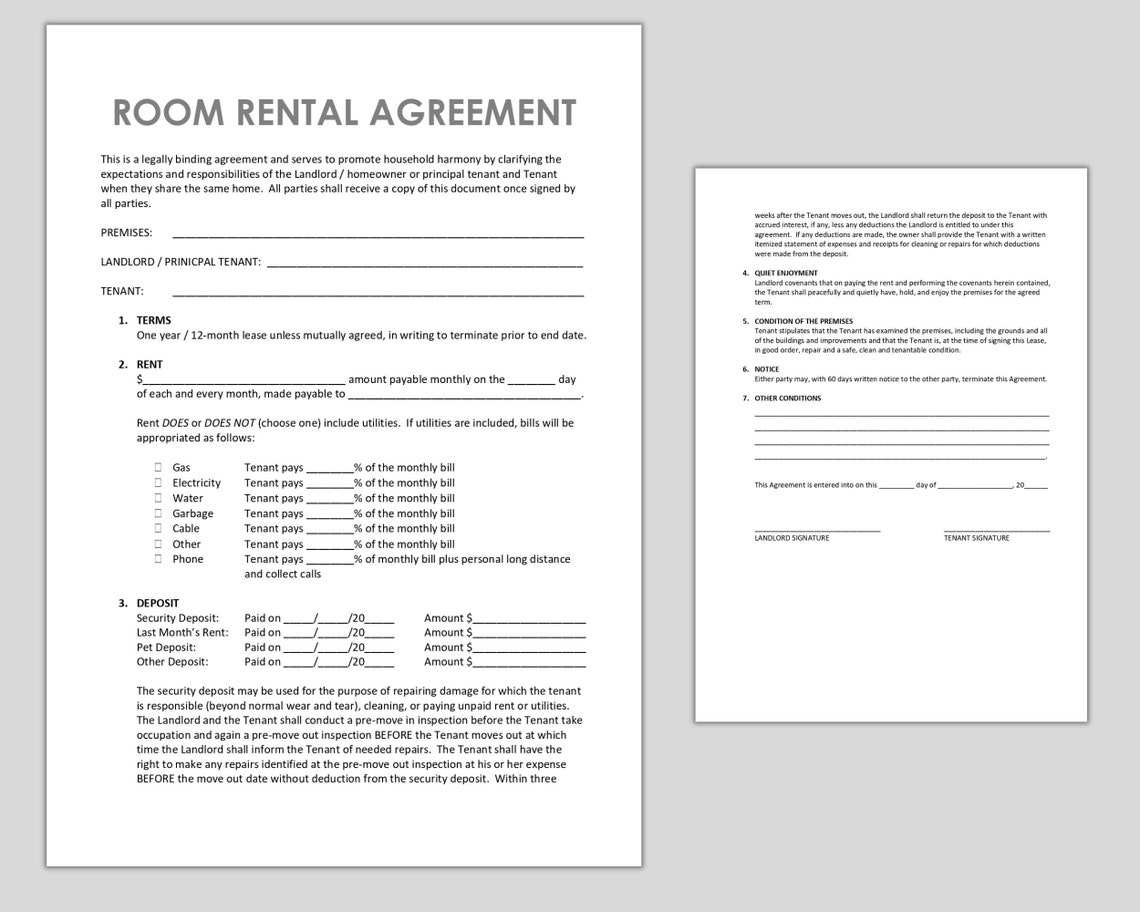 Room Rental Agreement Lease Agreement to Share Property Rent Room