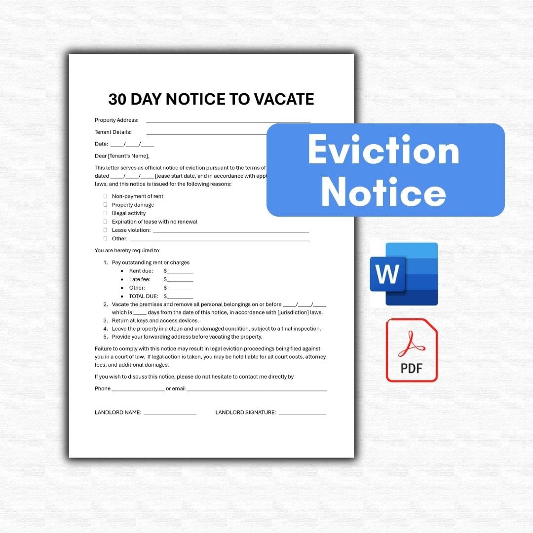 Landlord 30 Day to Vacate Notice to Tenant - Editable MS Word Eviction ...