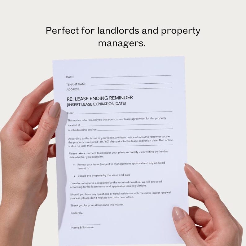 May include: A white document titled "RE: LEASE ENDING REMINDER" with text for landlords and property managers. The document includes fields for date, tenant name, and address, along with instructions regarding lease renewal or vacating the property.