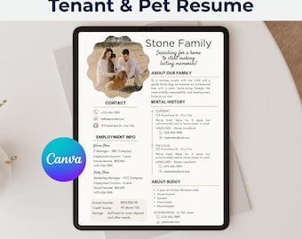 Rental Resume Template - 1 Page Canva Editable Tenant and Pet Application CV