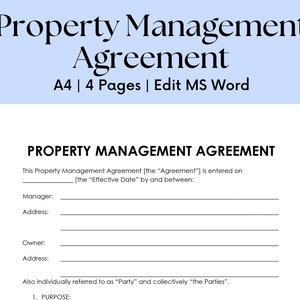 May include: A black and white printable property management agreement template. The document is titled "Property Management Agreement" and includes sections for the manager, owner, and address information. The text also states "This Property Management Agreement [the "Agreement"] is entered on [the "Effective Date"] by and between:"